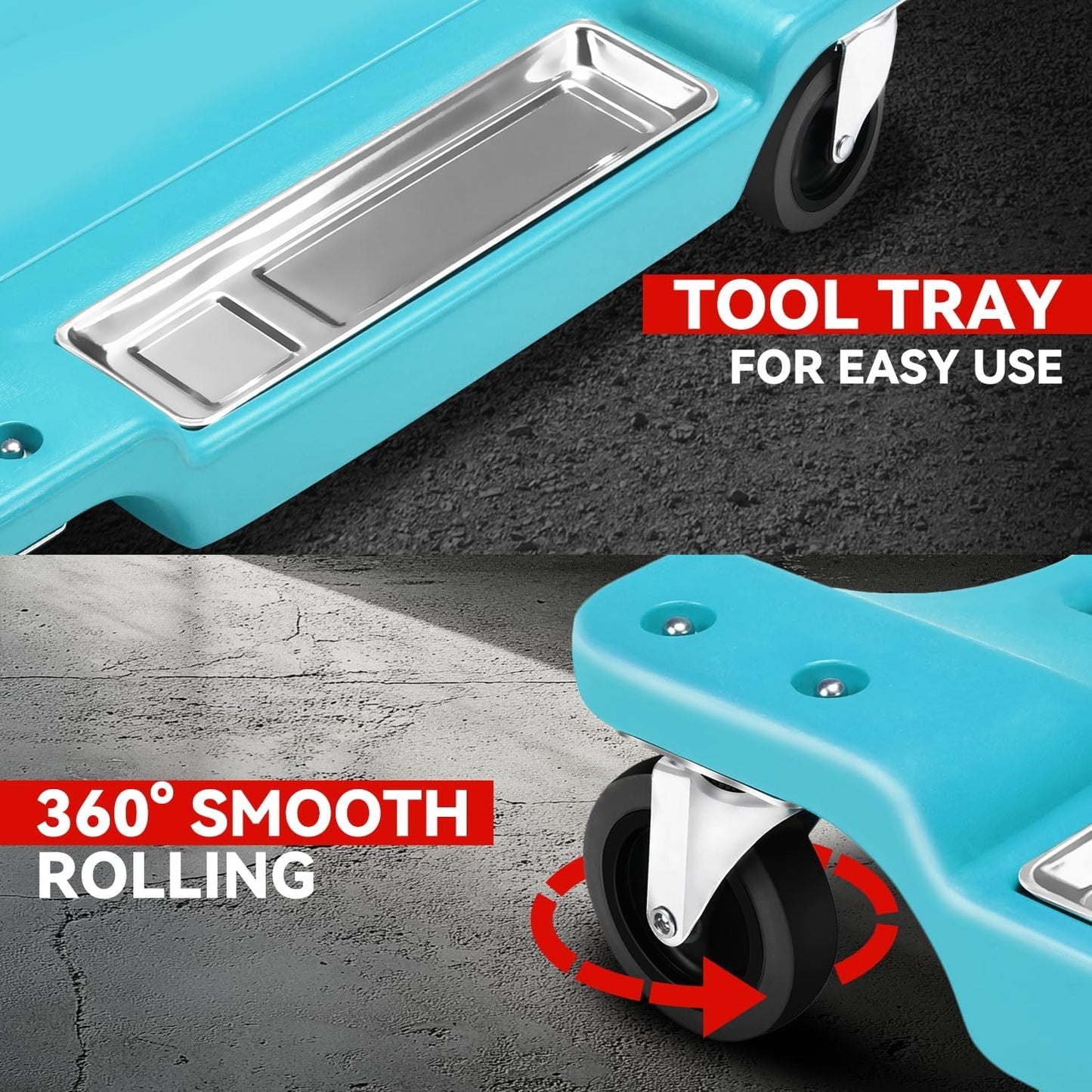 Auto Dynasty 40 Inches Mechanic Creeper, Automotive Garage Repair Low Profile Under Car Rolling Creeper with LED Light and Padded Headrest, Plastic, Sky Blue