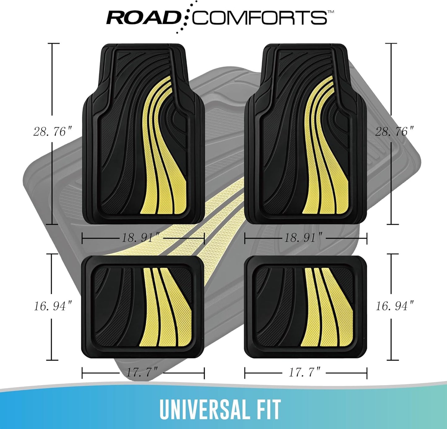 Road Comforts Car Floor Mats Full Set – Front & Rear Car Floor Mats with Aluminum Design, Anti-Slip Backing, All-Weather Protection, Trim-to-Fit Car Mats for Most Sedans, SUVs & Vans - Yellow