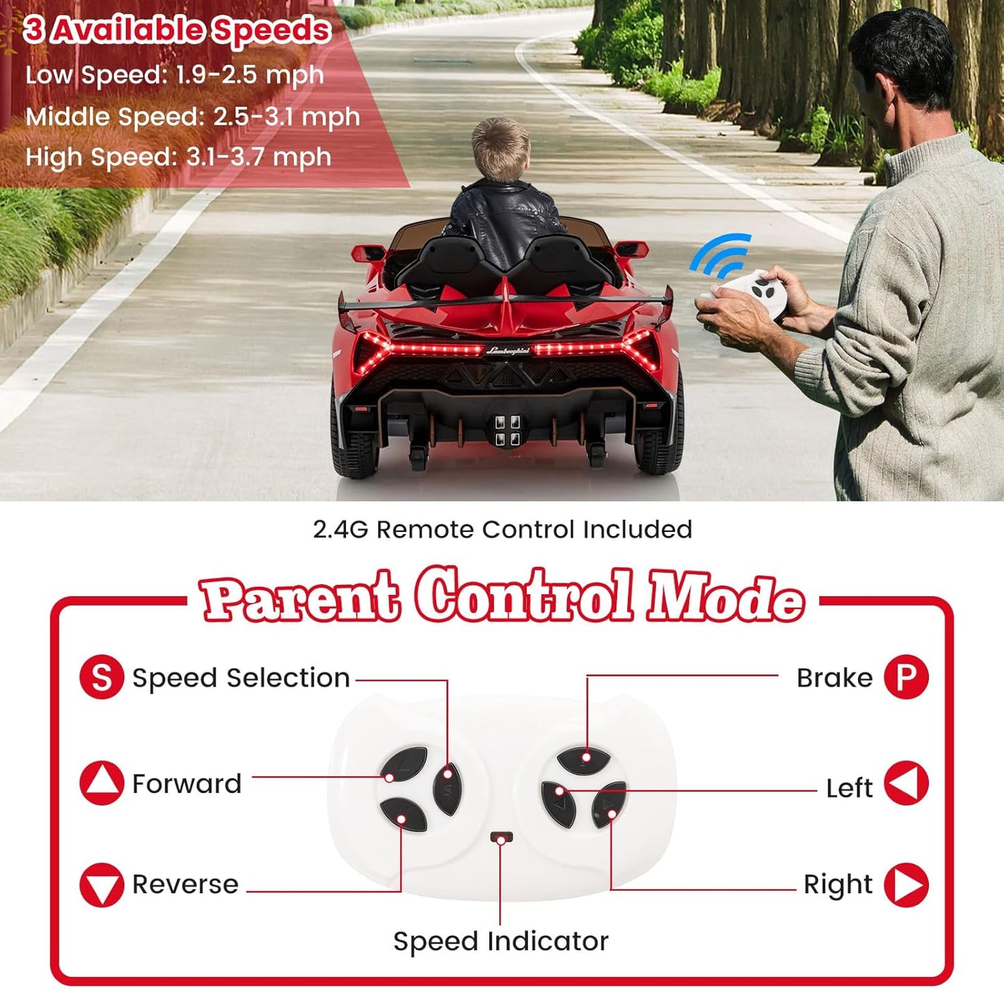 Costzon Ride on Car, Lamborghini Licensed 12V Battery Powered 4WD Sports Car with Remote Control, 3 Speeds, Hydraulic Doors, LED Lights, Towing Wheel, Horn, Music, Electric Vehicle for Kids Aged 3-8