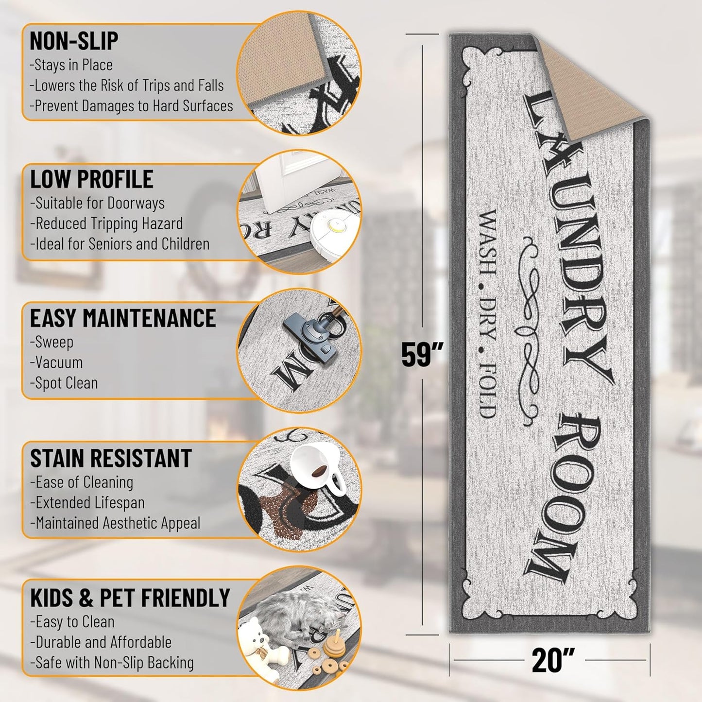Ottomanson 20" x 59" Laundry Room Rug - Non-Slip Mat for Laundry & Mudroom - Durable, Stain-Resistant, and Easy to Clean - Perfect for High-Traffic Areas - Runner Rug for Entryway Bathroom, Gray