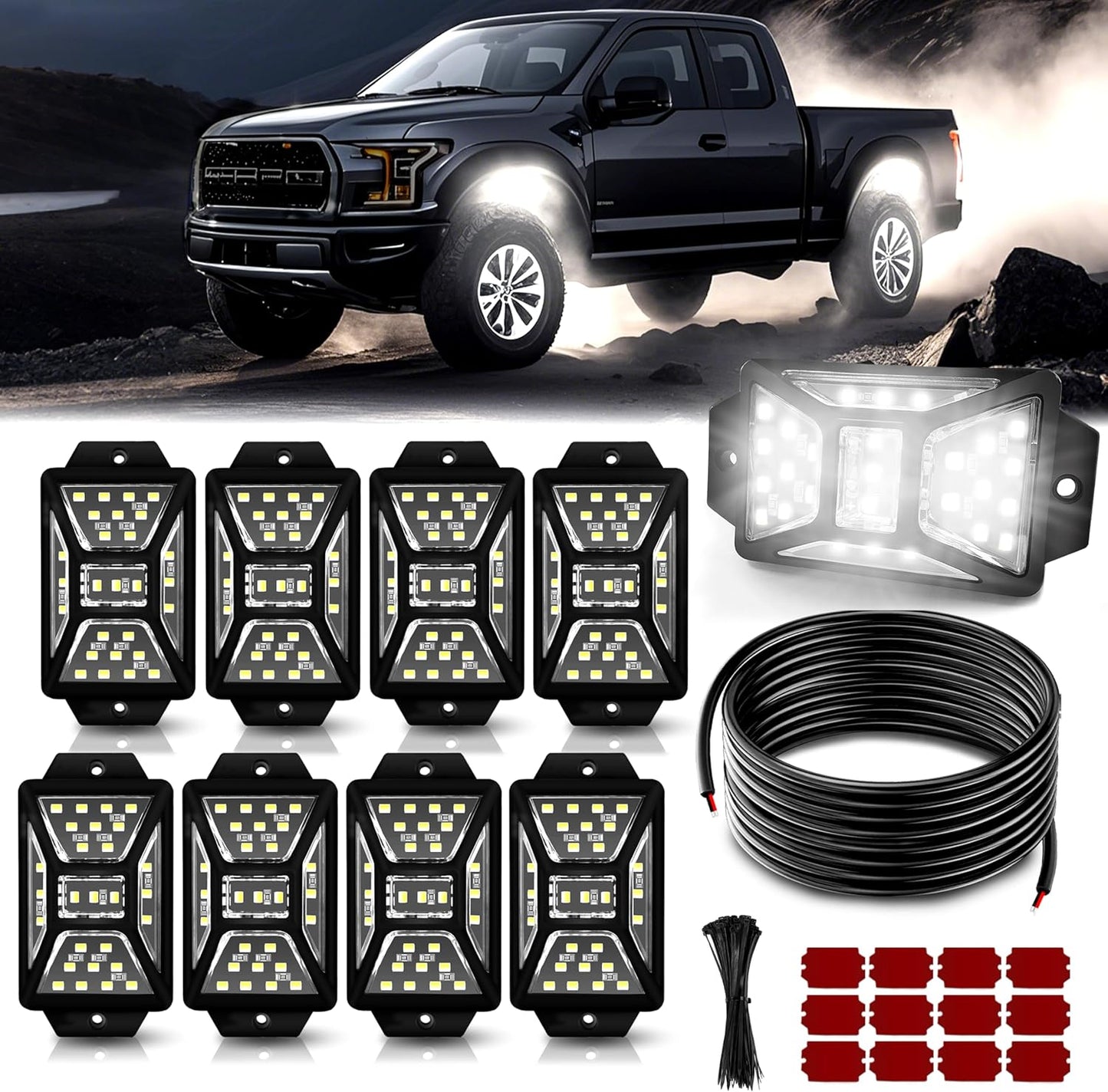 8 Pods 216 LEDs White Rock Lights with 11yd/10M Extension Wire, 6000K Super Bright Underglow Light, Waterproof IP67, 360° Full Angle Illuminate Rock Lights for Trucks Jeep UTV ATV SUV Boats