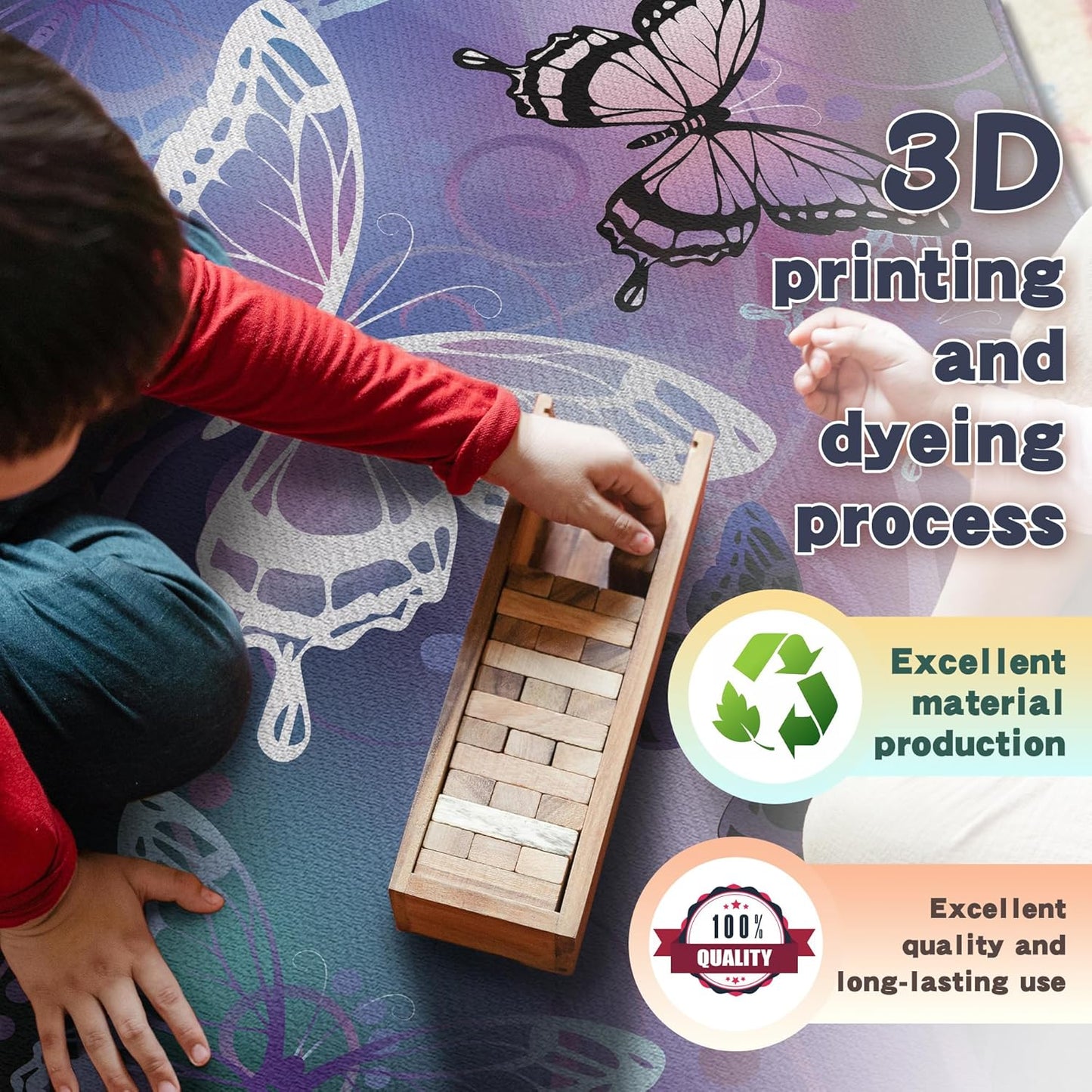 Beautiful Butterfly Fantasy Rug for Playroom Girls Bedroom Colorful Rainbow Butterfly Decor Area Carpet 2x3 Purple Mat 3D Printed Non-Slip Washable