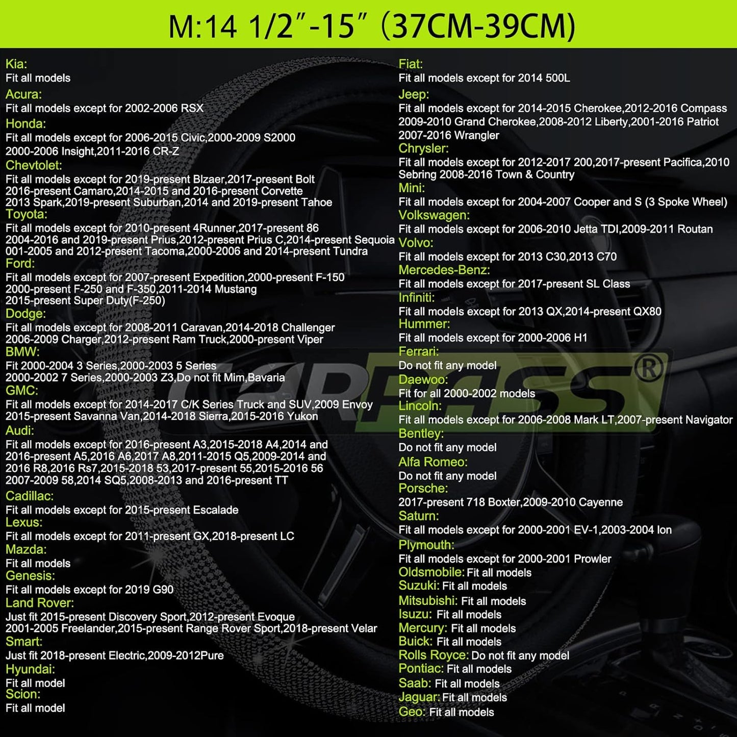 Car Pass Classical Leather Automotive Universal Steering Wheel Covers,Universal Fit for Suvs,Trucks,Sedans,Cars,Vans,14.5-15inch Anti-Slip Safety Comfortable Desgin(Black)