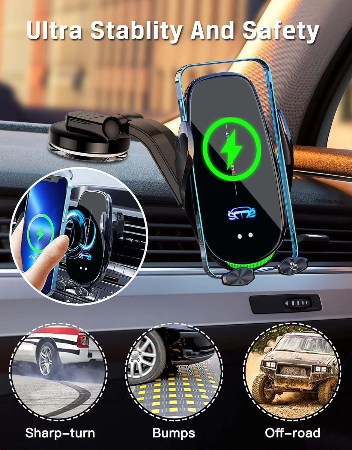 Wireless Car Charger Mount, Fast Charging Auto Clamping 15W Intelligent Dual Control Induction Car Phone Holder Mount Wireless Charging Compatible with All iPhone Android Smartphone