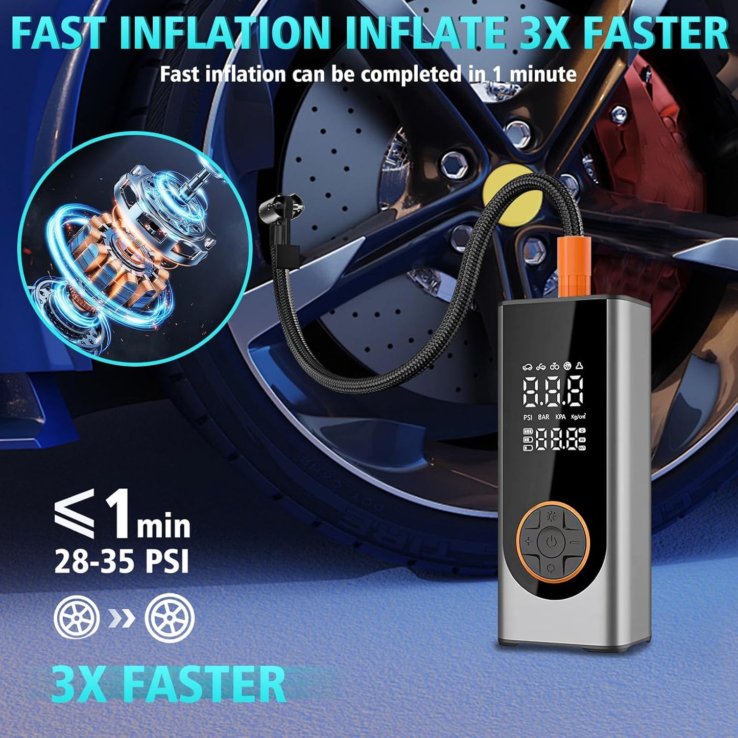 LiveGo Tire Inflator Portable Air Compressor, 150 PSI Cordless Air Pump with Rechargeable 18000mAh Battery and Tire Digital Pressure Gauge, Portable Tire Inflator for Car, Motorcycle, Bike, Ball