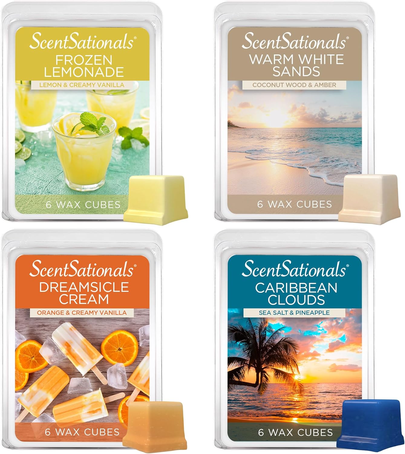 Scentsationals Wax Melts Staycation 4-Pack – Long Lasting Wax Cubes with Strong Scent for Warmers – Includes Frozen Lemonade, Caribbean Clouds, Warm White Sands & Dreamsicle Cream – 10oz (24-Cubes)