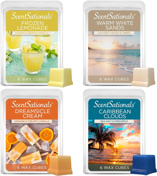 Scentsationals Wax Melts Staycation 4-Pack – Long Lasting Wax Cubes with Strong Scent for Warmers – Includes Frozen Lemonade, Caribbean Clouds, Warm White Sands & Dreamsicle Cream – 10oz (24-Cubes)