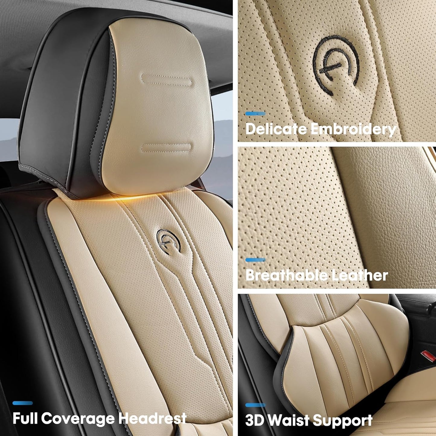 AOOG Car Seat Covers Full Set, Leather Seat Covers for Car, Waterproof Car Seat Protector with Lumbar Support, Automotive Seat Covers Universal Fit for Most Cars SUV Trucks (Full Set, Beige&Black)