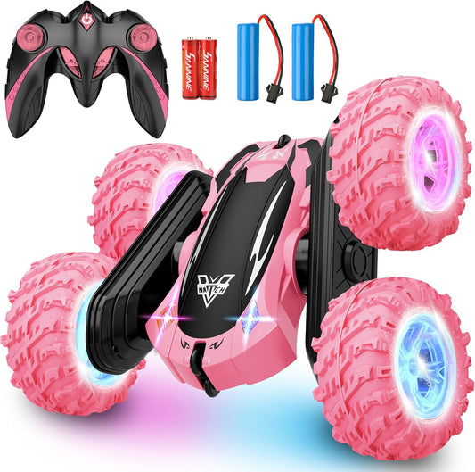 Remote Control Car, 2.4GHz RC Stunt Car, Double Sided 360° Rotating RC Cars with LED Headlight & LED Wheel, High Speed Off Road RC Crawler Xmas Gift for 3 4 5 6 7 8-12 Year Old Girls Toys (Pink)