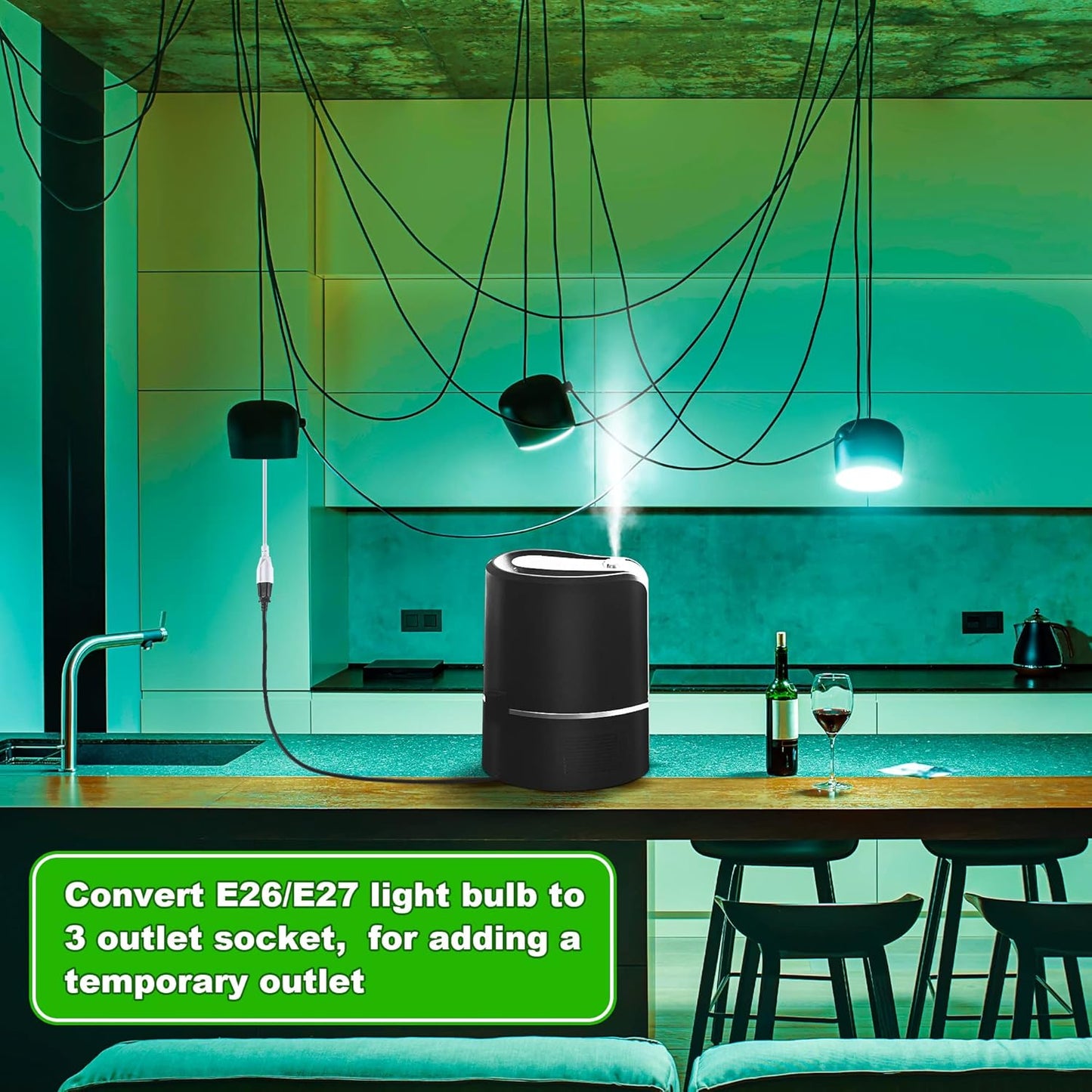 Feekoon 1 Pack 3 Outlet Light Socket Adapter, Convert E26/E27 Bulb Socket to 3 Prong Outlet with Extension Cord, Light Bulb Plug Adapter Converter Suitable for Outdoor Porch Garage Patio Use (White)