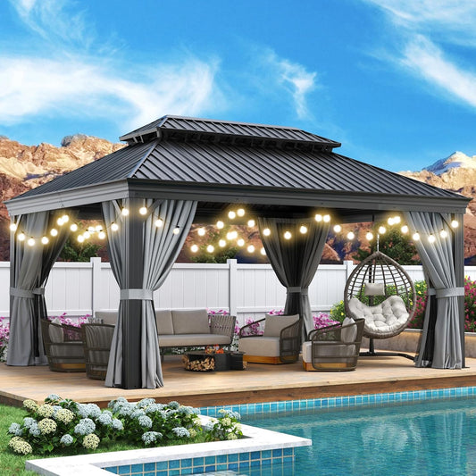 Aoxun 12' X 16' Permanent Hardtop Gazebo Aluminum Gazebo with Galvanized Steel Double Roof for Patio Lawn and Garden, Curtains and Netting Included, and LED Outdoor Waterproof Hanging Lights, Grey