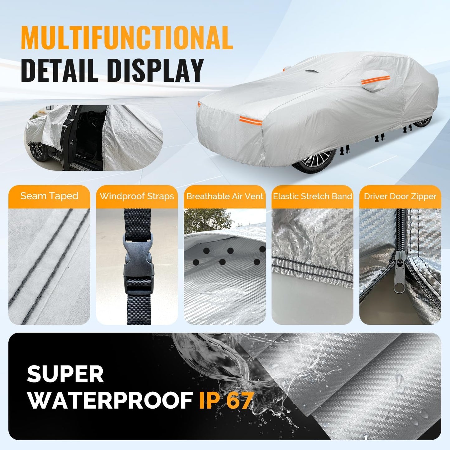 30 Layers Car Cover for Automobiles All Weather Waterproof, Outdoor Snowproof UV Protection Windproof, Door Zipper, Soft Cotton, Heavy Duty Universal Car Covers, (Silver, Fit Sedans 201"-210")