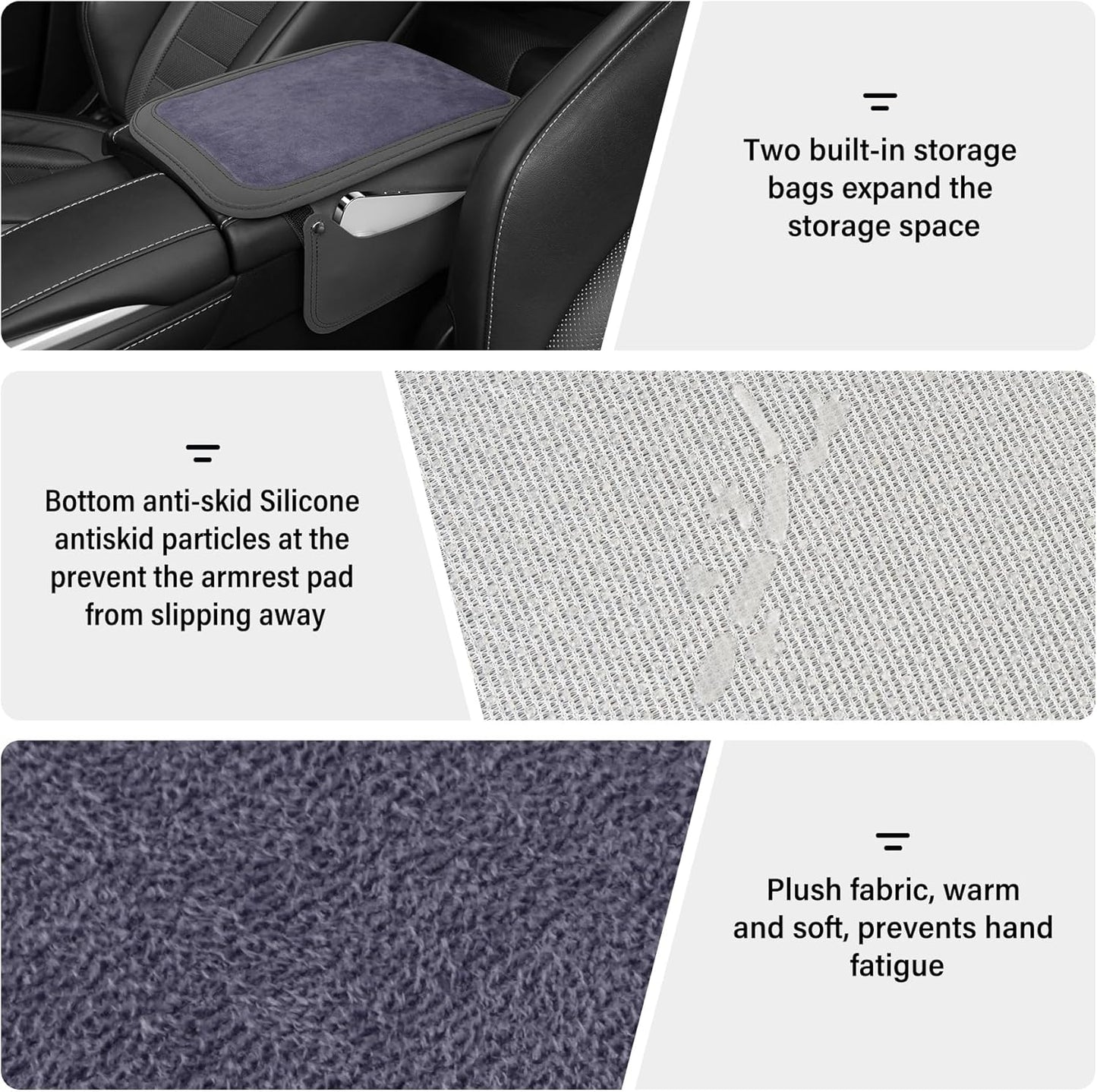 SINGARO Car Leather Center Console Cover with 2 Storage Bags, Universal Furry Fluffy Car Armrest Seat Box Pad, Comfortable Car Interior Accessories, Fits for Most Vehicles (Grey)