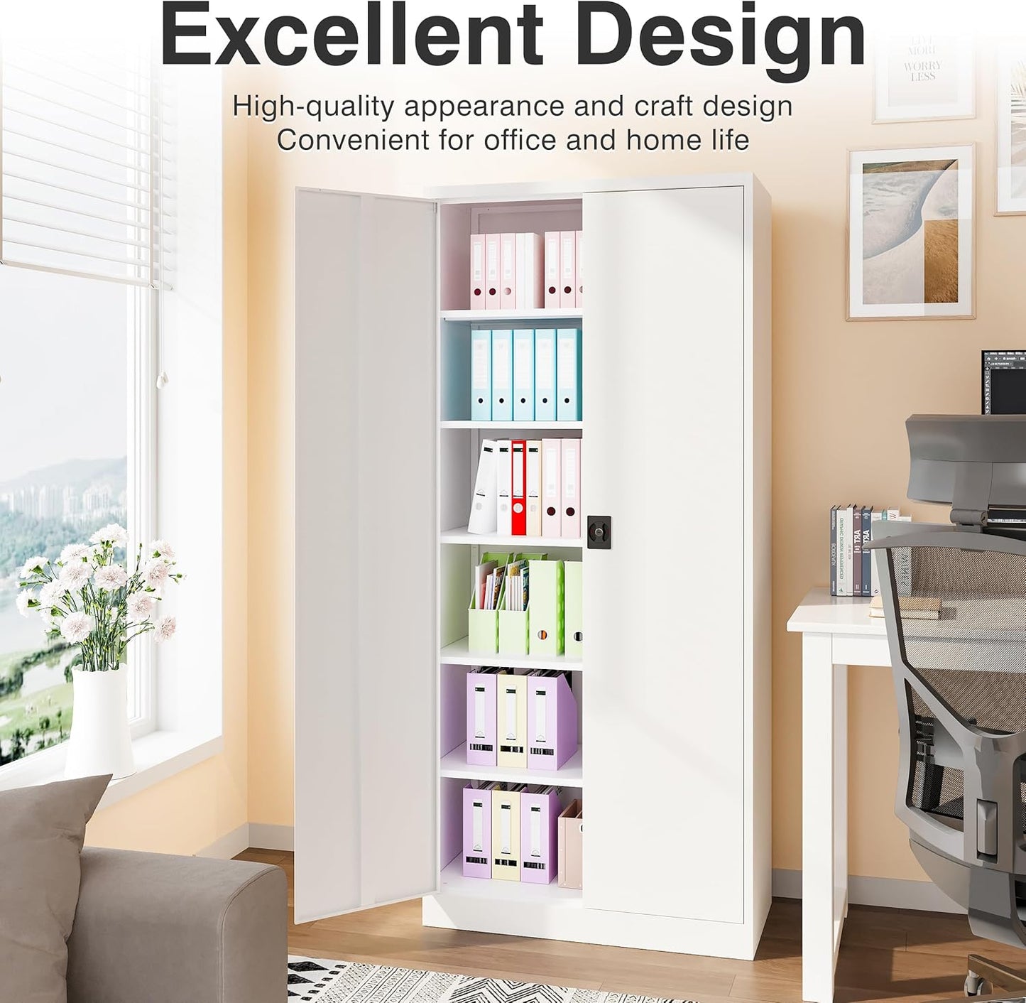 White Metal Storage Cabinet with 5 Adjustable Shelves,71" Tall Metal Cabinet with Locking Doors,Steel Cabinet with Lock,Lockable Storage Cabinets for Home,Office,Kitchen,Laundry,Pantry