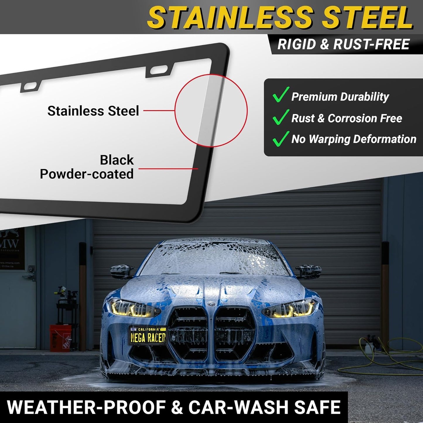 Premium Slim Matte Black License Plate Frames – 2 Pack, Rust-Free Stainless Steel & Rattle-Free, Street Legal, Universal with Screw Caps Cover, Thin Metal Front & Rear Car Tag Holders for Men & Women