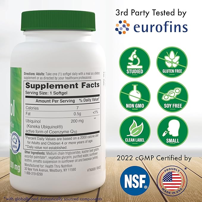 Health Thru Nutrition Ubiquinol 200mg 90 Softgels as Kaneka QH Reduced CoQ-10 | Stabilized - 3rd Party Tested | Enhanced Bioavailability | Cardiovascular & Mitochondria Function Support | Non-GMO