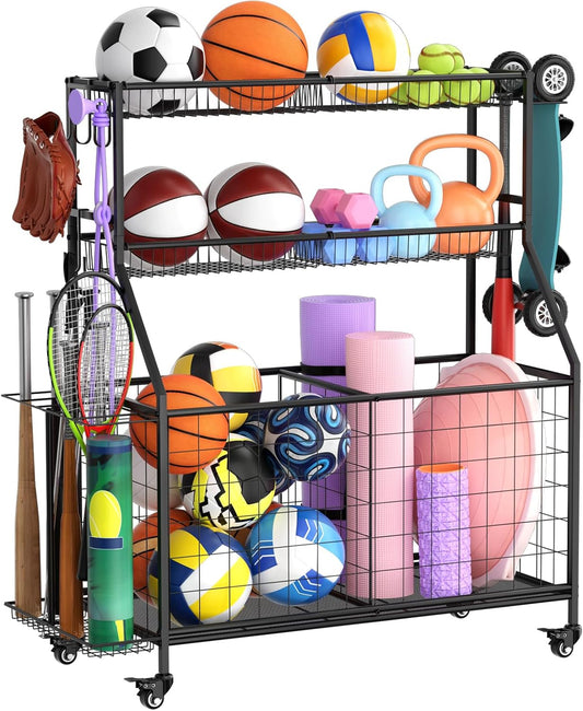 WUC Sports Equipment Organizer - Garage Ball Storage Rack with Basket, Hooks and Rolling Cart for Toy Sports Gear Storage, Black