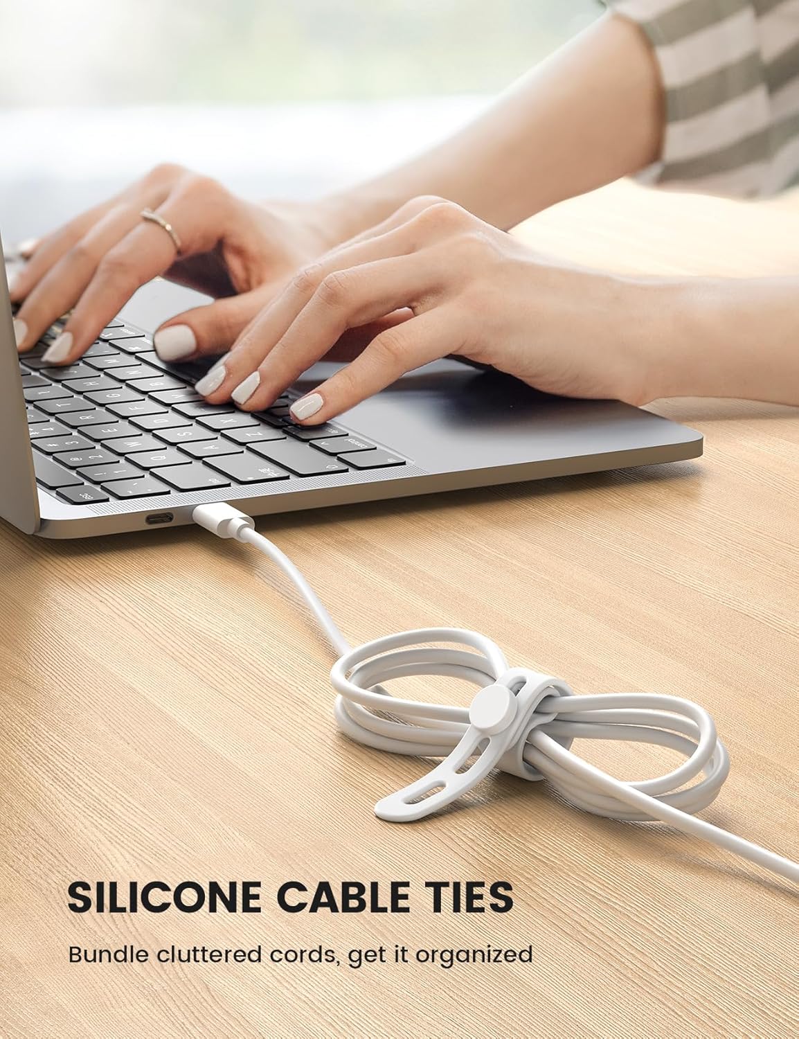 10Pack Silicone Cable Ties Cord Organizer - Lamicall Elastic Wire Ties Management, Desktop Travel Must Haves, Desk Home Office Workspace Accessories, Dorm Room Essentials, White Cord Keeper for Cables