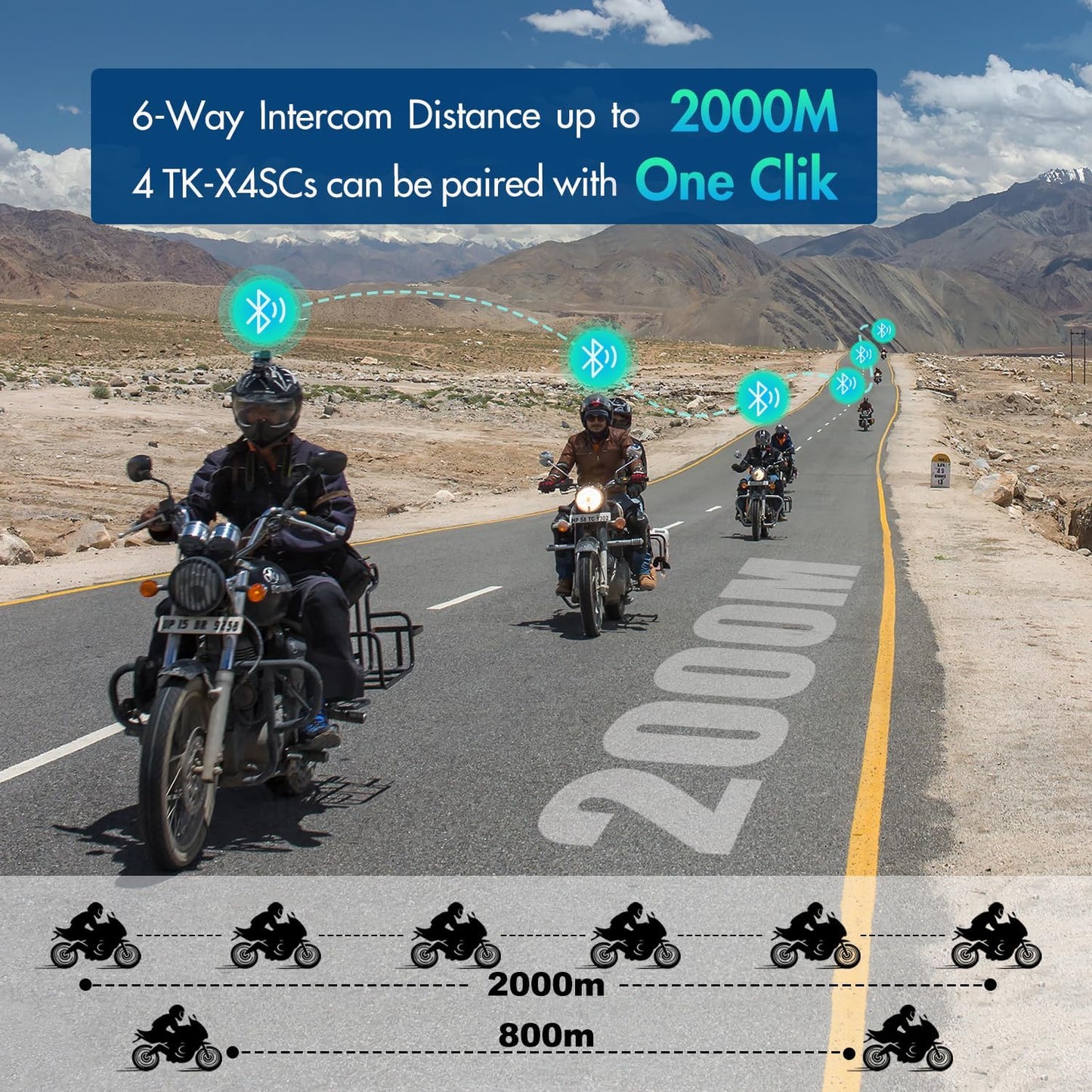 TK-X4SC Motorcycle Bluetooth Headset, 6 Riders 2000m Helmet Group Intercom with Music Share/Top-Tier Noise Reduction/LCD Screen,Universal Communication System Headphones(1 Pack)