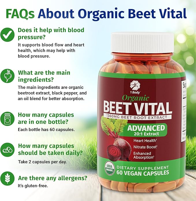 1 Body Beet Vital, Organic Beet Root Supplements for Circulation, Energy, & Stamina, Nitric Oxide Booster Beets Supplements with 1360mg Beetroot Extract, Vegan, Non-GMO, 60 Beetroot Capsules