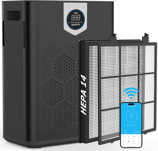 Smart Air Purifiers for Home Large Room, H14 Air Purifier with Washable Filters Up to 3000 Ft², APP & Voice Control & 22 dB Sleep Mode for Bedroom Living Room, Black