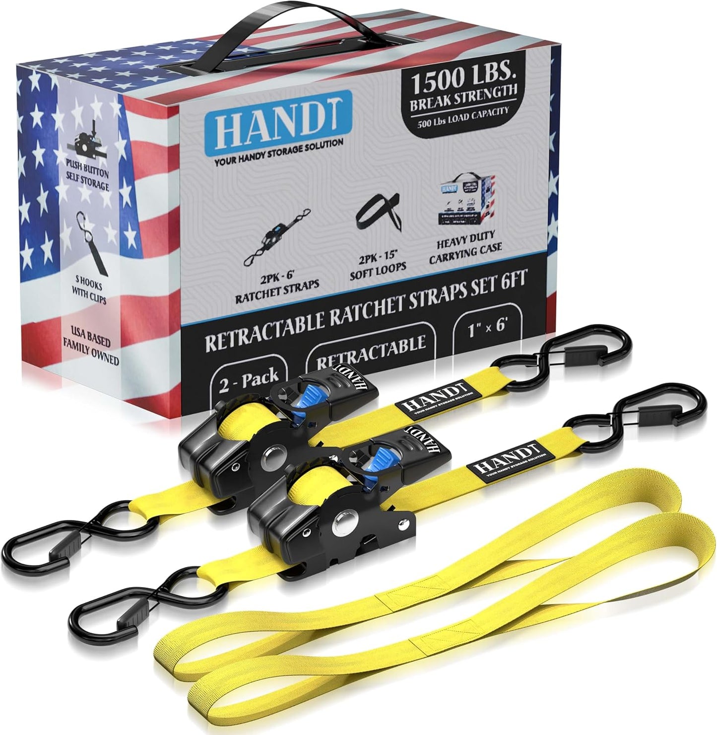 HandT USA Based Retractable Ratchet Straps (2PK) 1in x 6ft - 1,500lb Break Strength, Heavy Duty Automatic Ratchet Straps Self Retractable Tie Down, Push Button Retracting Truck Trailer Cargo | Yellow