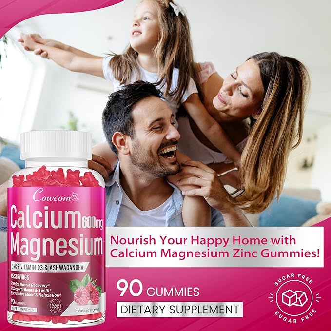 Calcium Magnesium Zinc Gummies & Vitamin D3,B6,B12,Immune & Supporting Bone Health Calcium Magnesium Supplement for Women Men,Sugar-Free Vegan Raspberry Flavor 90 Counts
