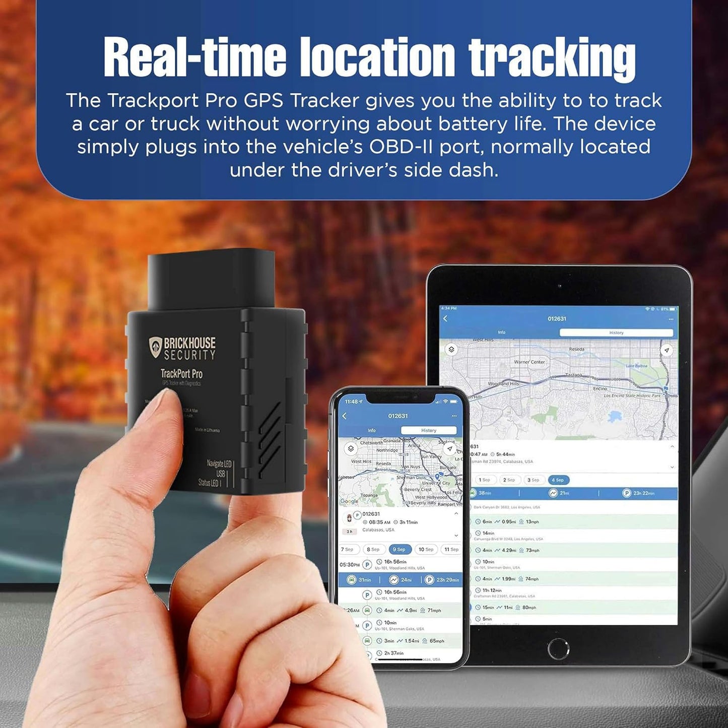 Brickhouse Security TrackPort Pro - Diagnostic GPS Tracker for Vehicles, Car Location, Speed, Battery Health, Mileage, Vehicle Diagnostic Data Report - Plugs into OBD Port - Subscription Required
