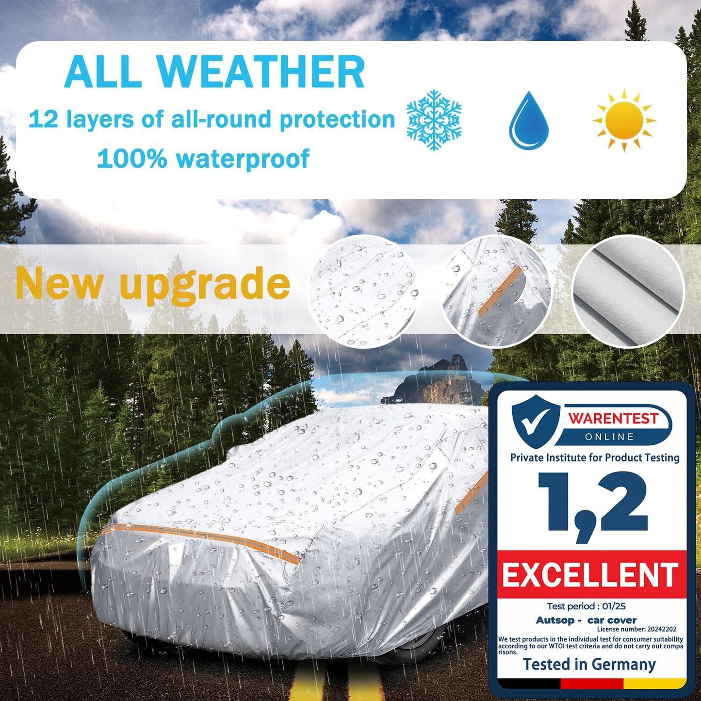 Autsop SUV Car Cover Waterproof All Weather,12-Layer Car Covers for Automobiles Outdoor Heavy Duty Full Exterior Covers for SUV(188-192 Inch)