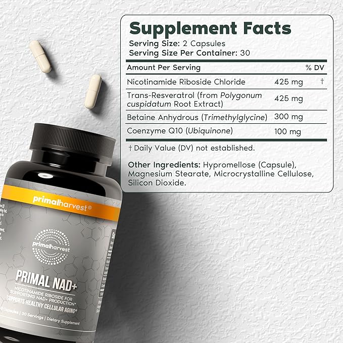 Primal Harvest NAD+ Supplement: Nicotinamide Riboside, Trans-Resveratrol, Betaine, CoQ10, NAD Supplements for Cellular Health, Energy, and Mitochondrial Support