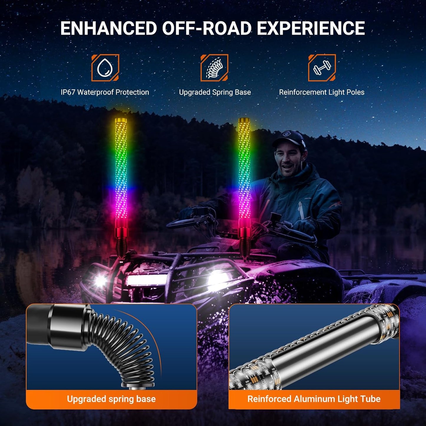 2PCS 1FT Fat Whip Lights for UTV ATV with Spring Base, Led Fatty Whip Light W/Rocker Switch & 6 Flags, Brighter Spiral Chasing Lighted Antenna Whip with APP & Remote Control for RZR SXS Can-Am