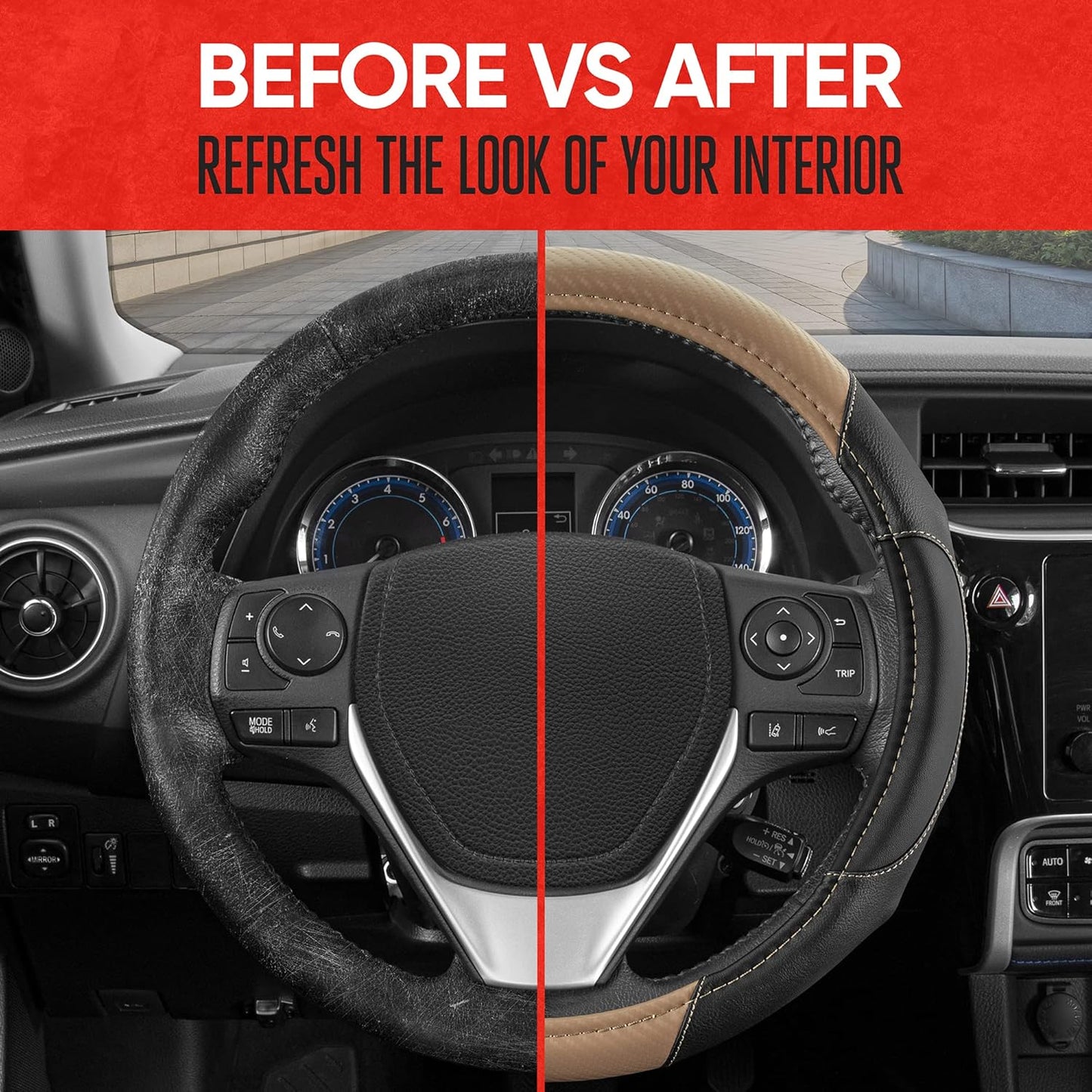 Motor Trend GripDrive Carbon Fiber Steering Wheel Cover, Non-Slip Sporty Racing Faux Leather Ergonomic Comfortable Handle, Steering Wheel Cover for Cars Trucks Vans SUV - Fits Standard 15 Inch - Beige