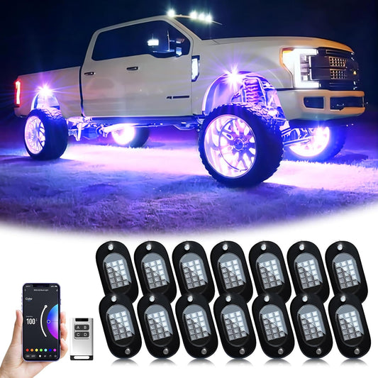 YiLaie RGB LED Rock Lights 14 Pods, 210 LEDs Lights with Phone App/Remote Control & Timing & Music Mode Rock Lights for Trucks, Waterproof Rock Light Kits for ATV RZR UTV SUV Off Road AUTO Motorcycle