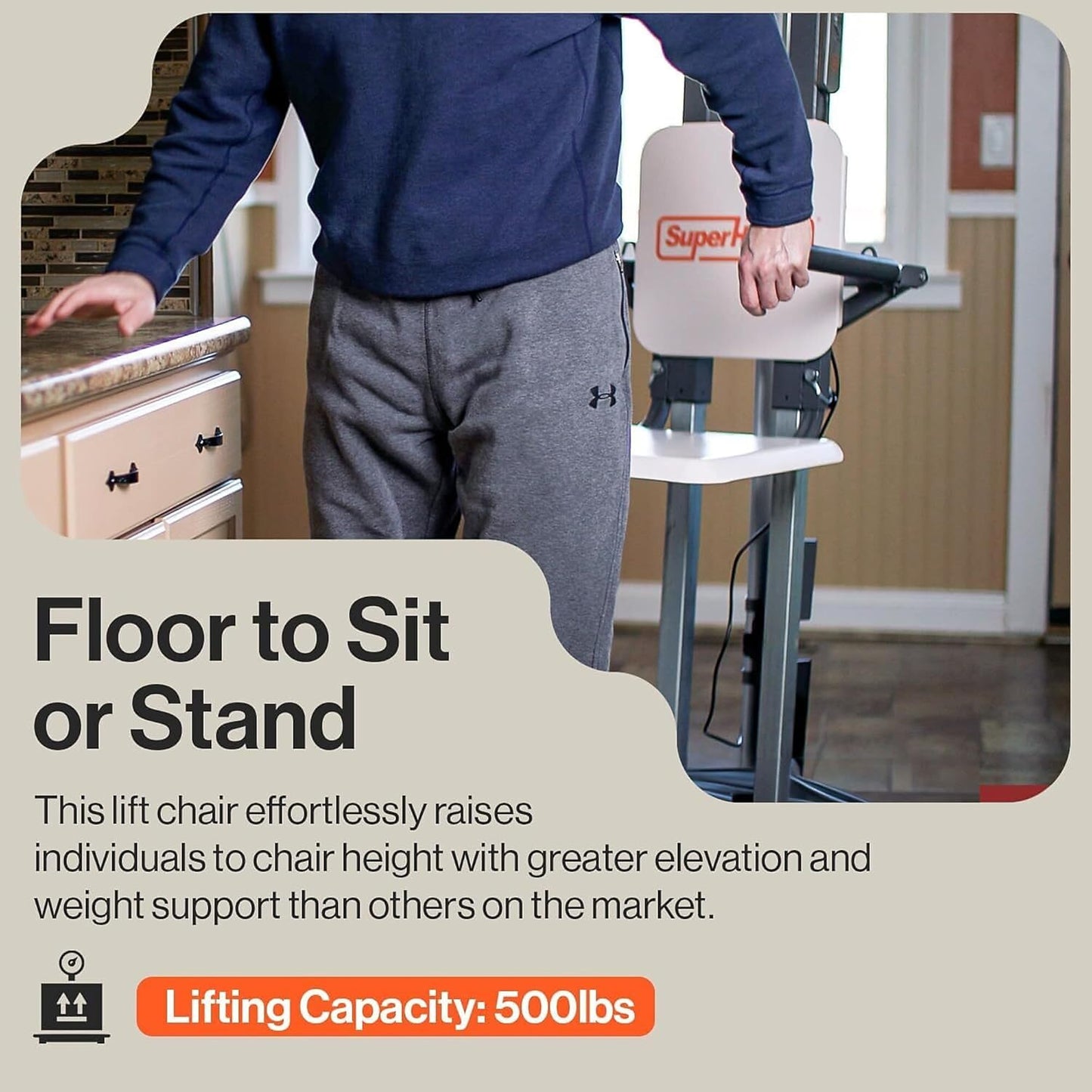 SuperHandy GoRise Electric Floor to Stand Lift – 500 Lbs Capacity, Standing Assistance, Portable, Adjustable, Ergonomic, Easy Storage, Patent Pending (FS (Floor Lift))