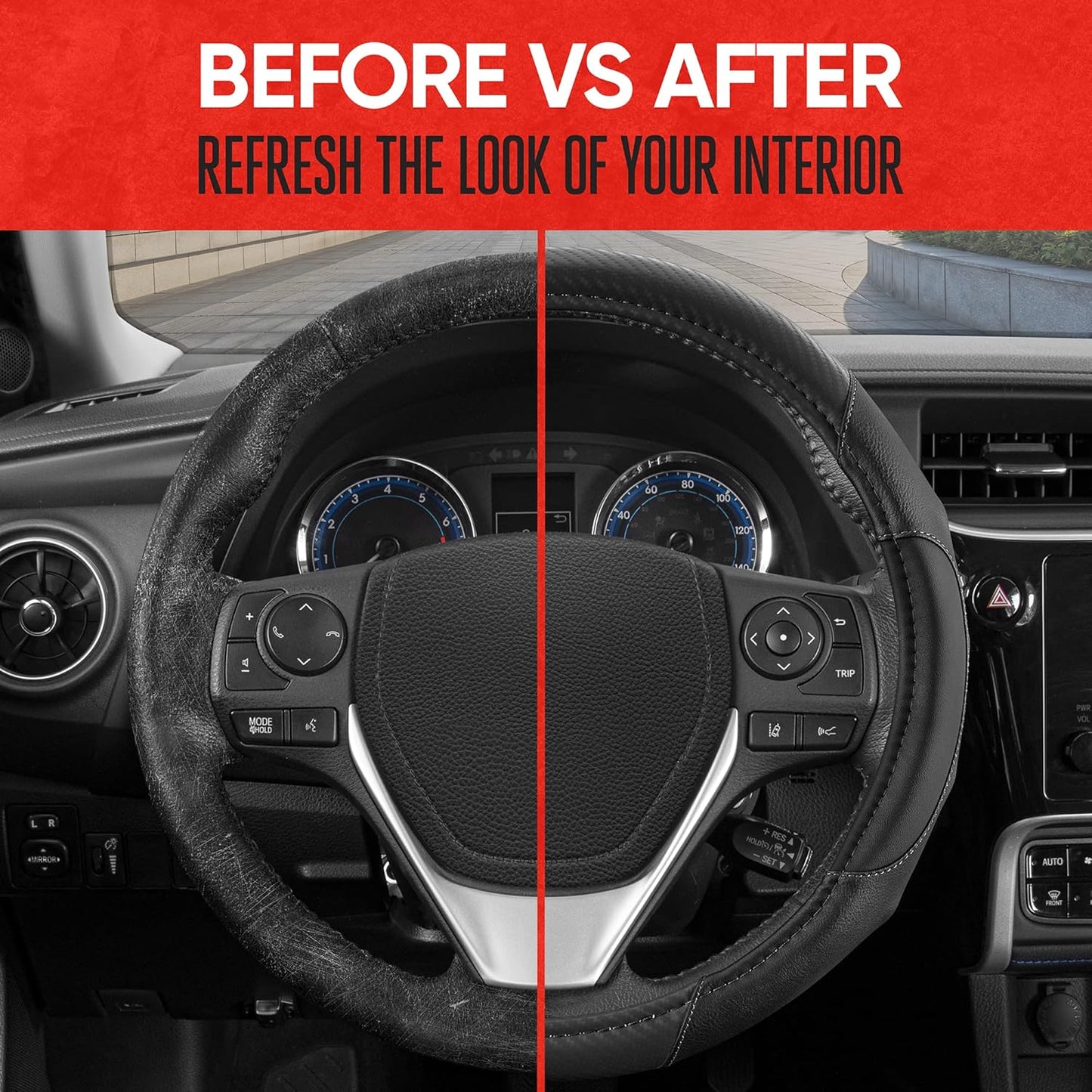 Motor Trend GripDrive Carbon Fiber Steering Wheel Cover, Non-Slip Sporty Racing Faux Leather Ergonomic Comfortable Handle, Steering Wheel Cover for Cars Trucks Vans SUV - Fits Standard 15 Inch - Black