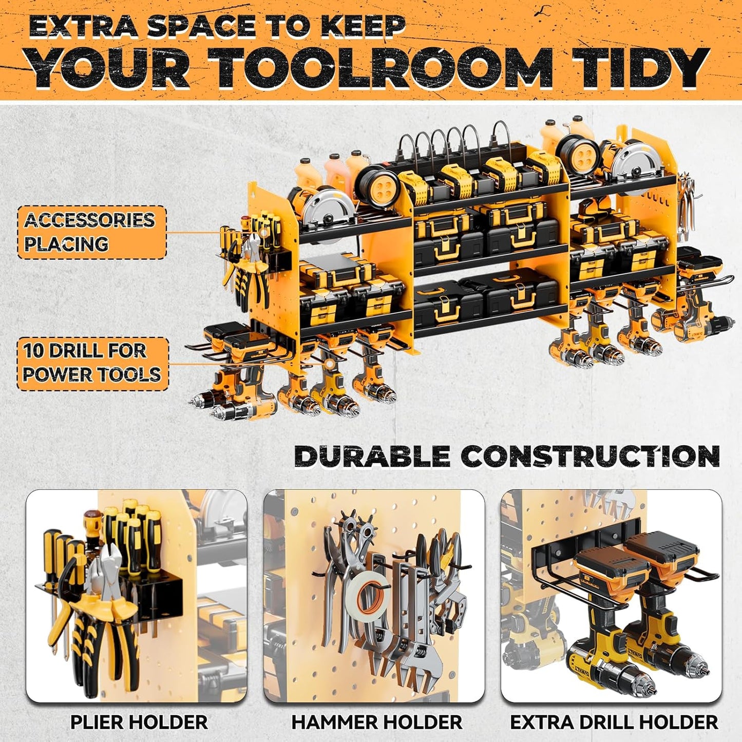 Upgrade Large Power Tool Organizer Wall Mount with Charging Station Tool Storage Rack with 6.5FT Power Strip 10 Drill Holder and Storage Rack for Garage Organization