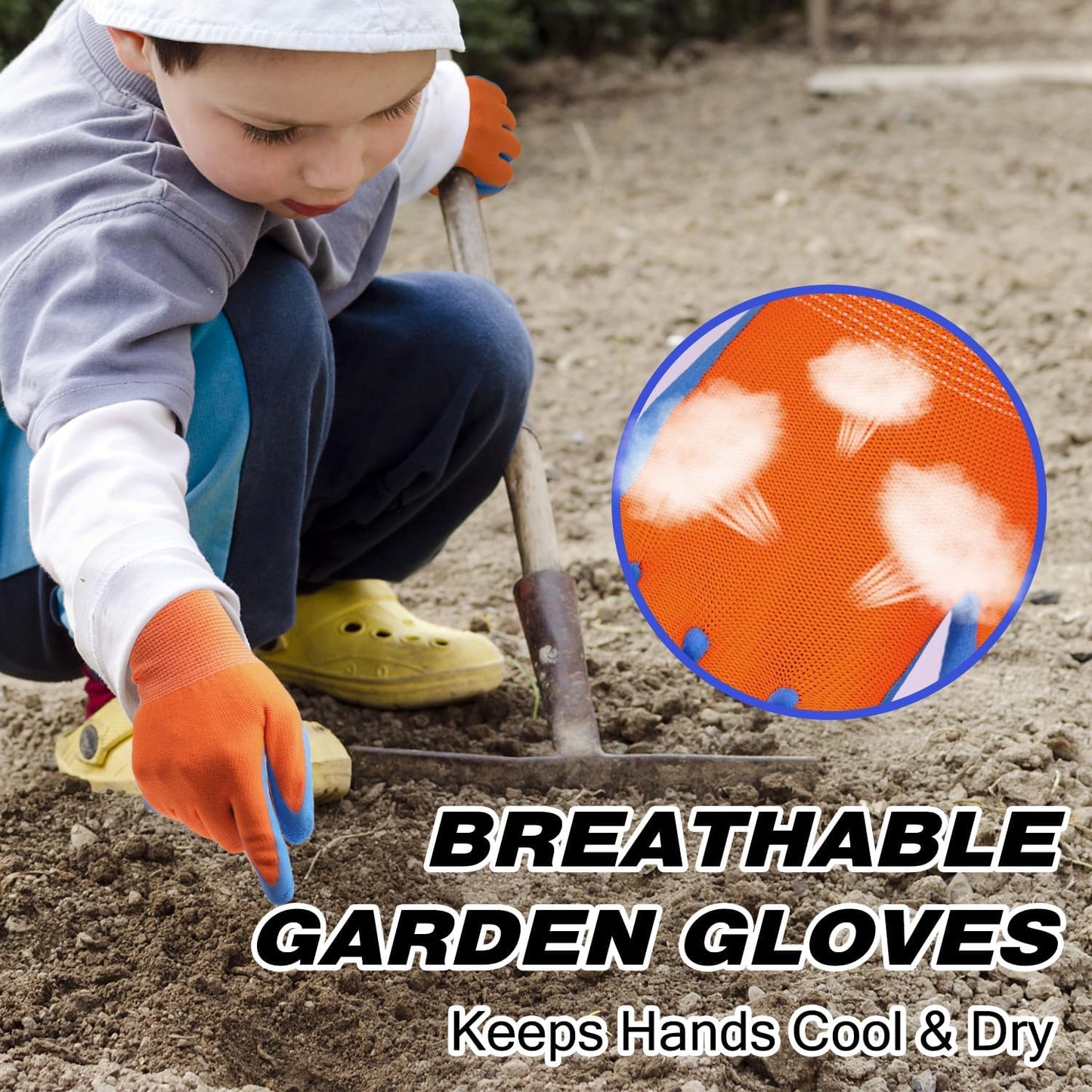 HANDLANDY 3 Pairs Kids Gardening Gloves Latex Free, Nitrile Coated Children Toddler Garden Yard Work Gloves for Little Girls Boys (Size L, Black-Orange)