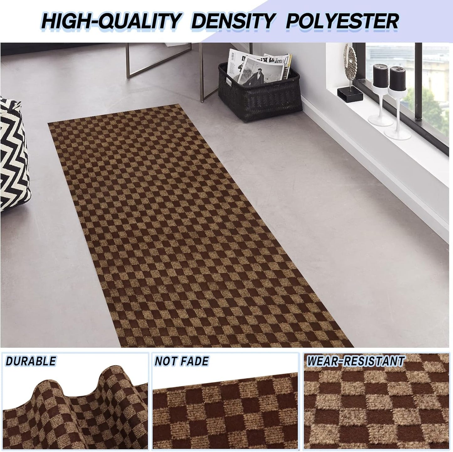Custom Size Backed Non-Slip Area Rugs Runner, Easy Clean, Waterproof Runner Rugs for Hallway Entryway, Kitchen, Laundry, 2FT x 2FT, Brown Checkered