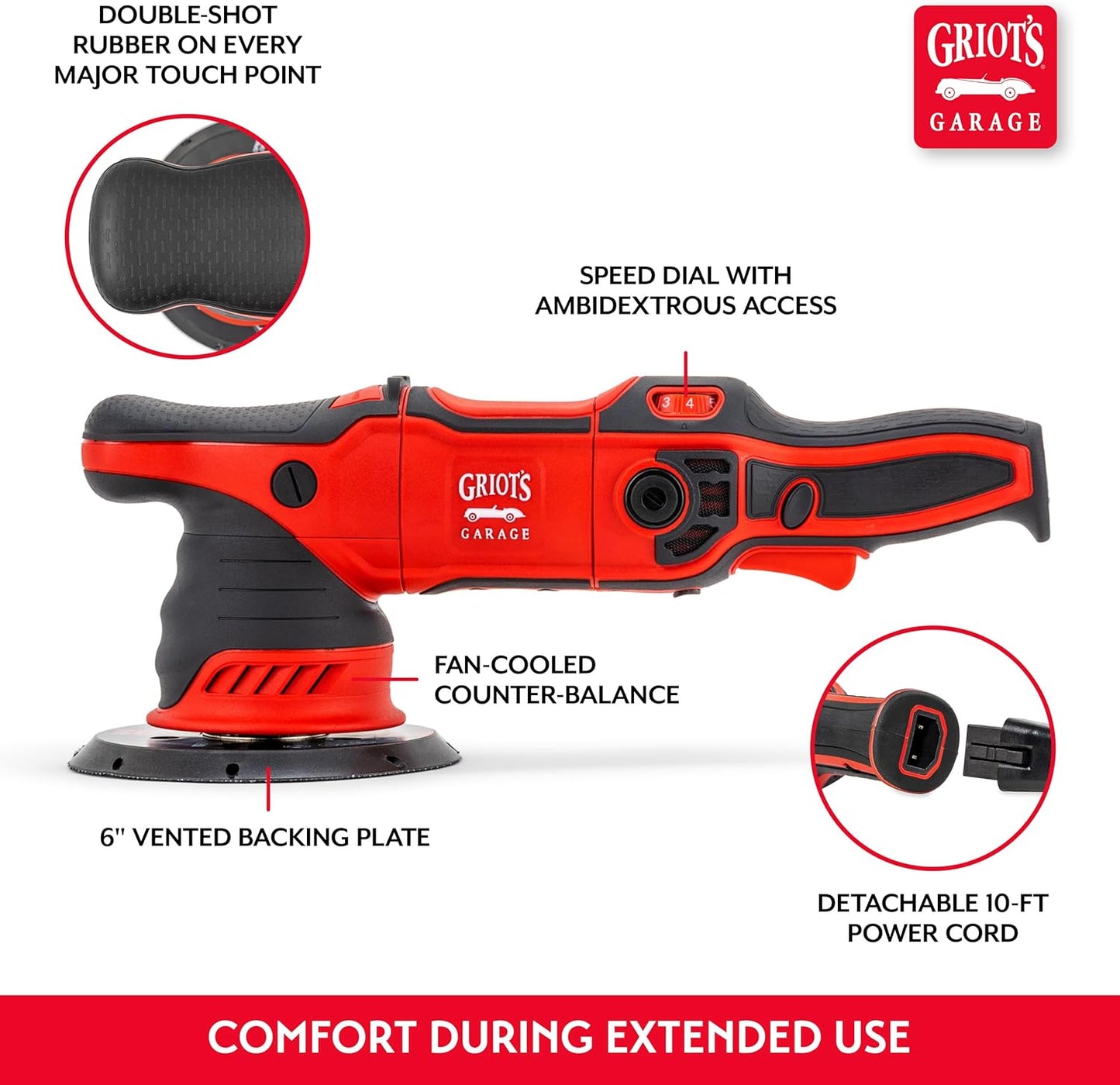 Griot's Garage G9 Random Orbital Polisher 10901 – 1000-Watt Dual Action Buffer for Car Detailing, Polishing, Waxing, Swirl and Scratch Removal – 6" Backing Plate, Variable Speed, Ergonomic Grip