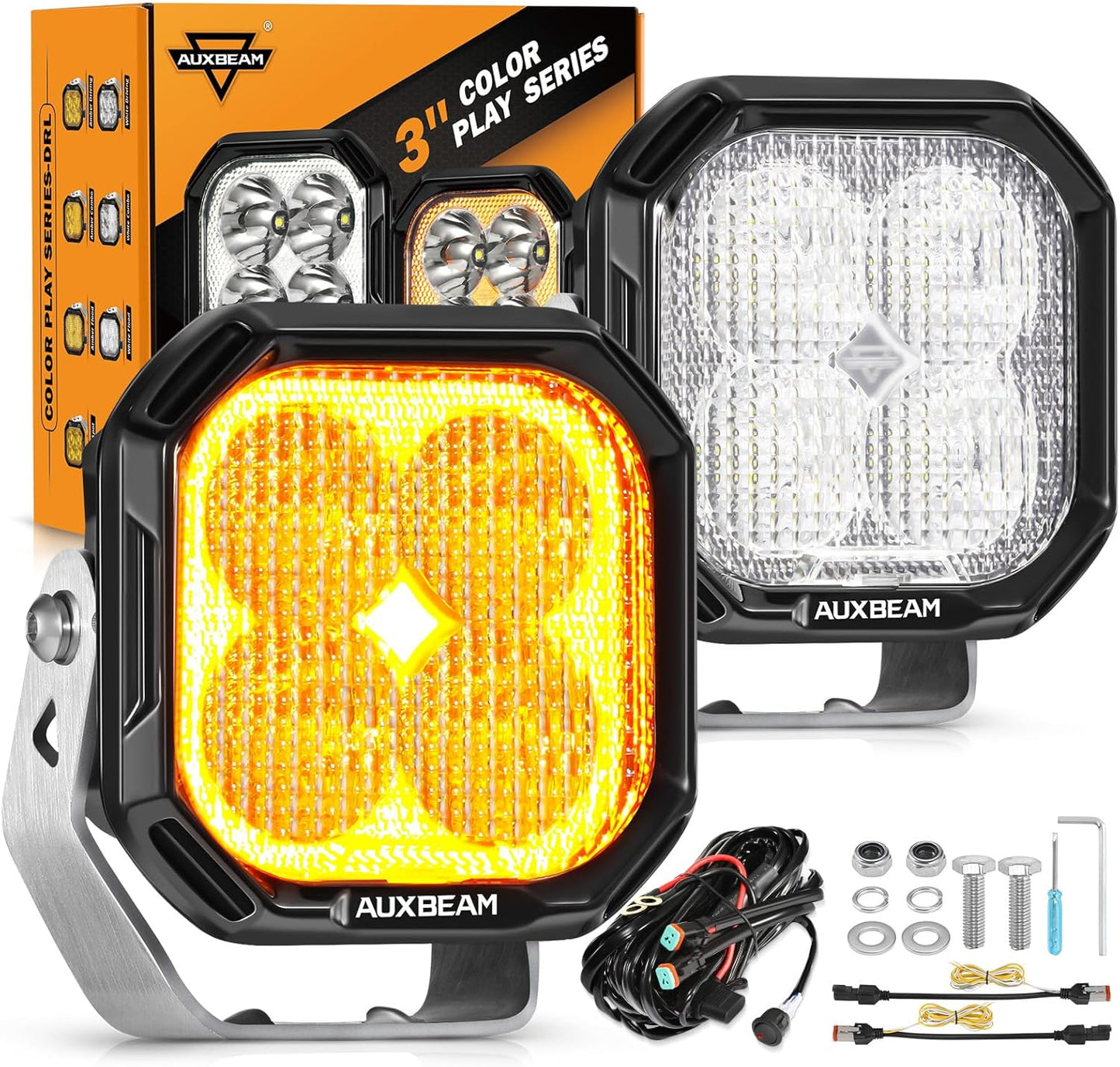Auxbeam 3 Inch LED Pods Offroad Driving Lights with Amber White DRL & Turn Signal Fog Lights Color Play Series 11600LM 100W Flood Beam Cube Ditch Light Bar for Jeep, 2 Years Warranty