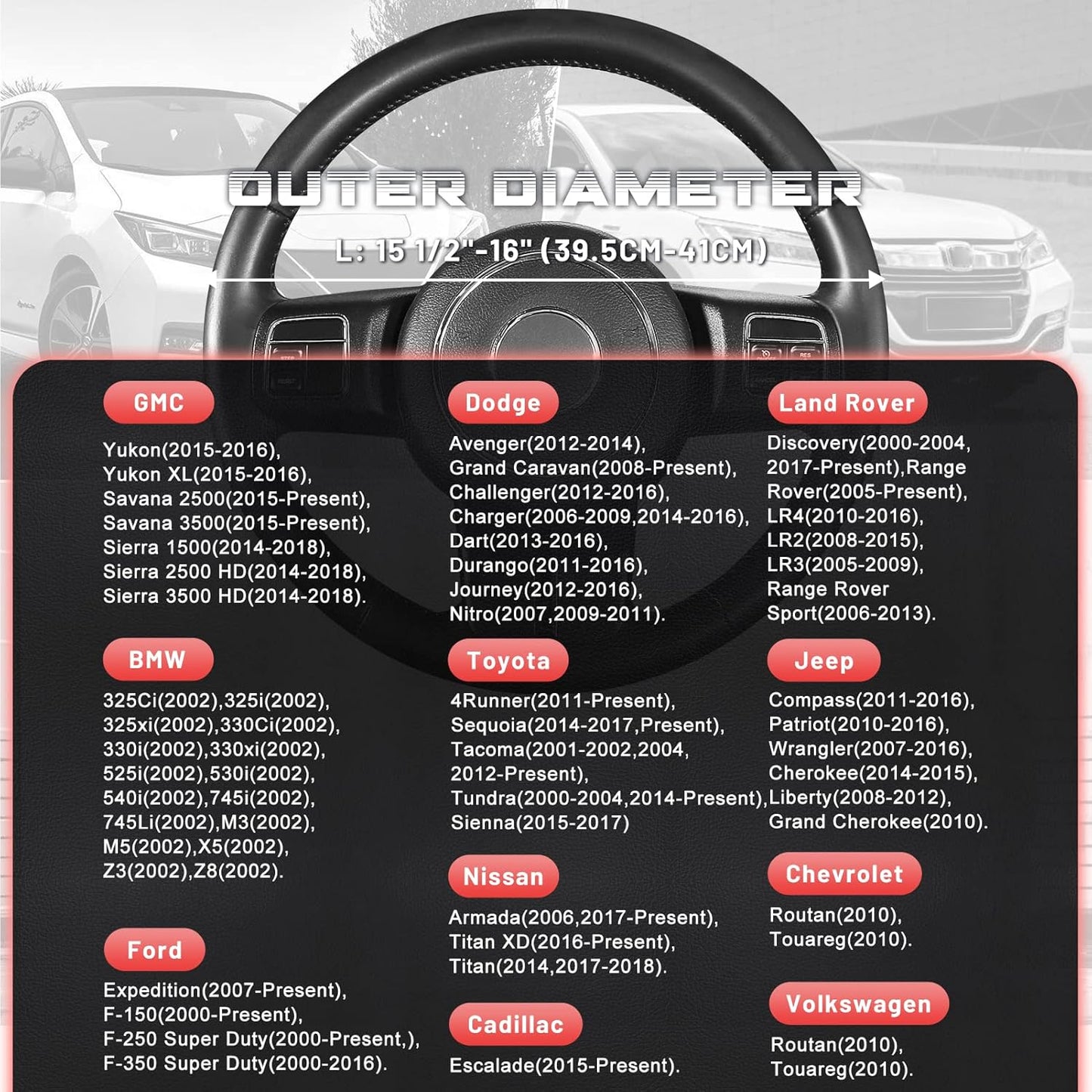 SEG Direct Car Steering Wheel Cover for F-150 Tundra Range Rover 15.5-16 inch, Black and Red Microfiber Leather