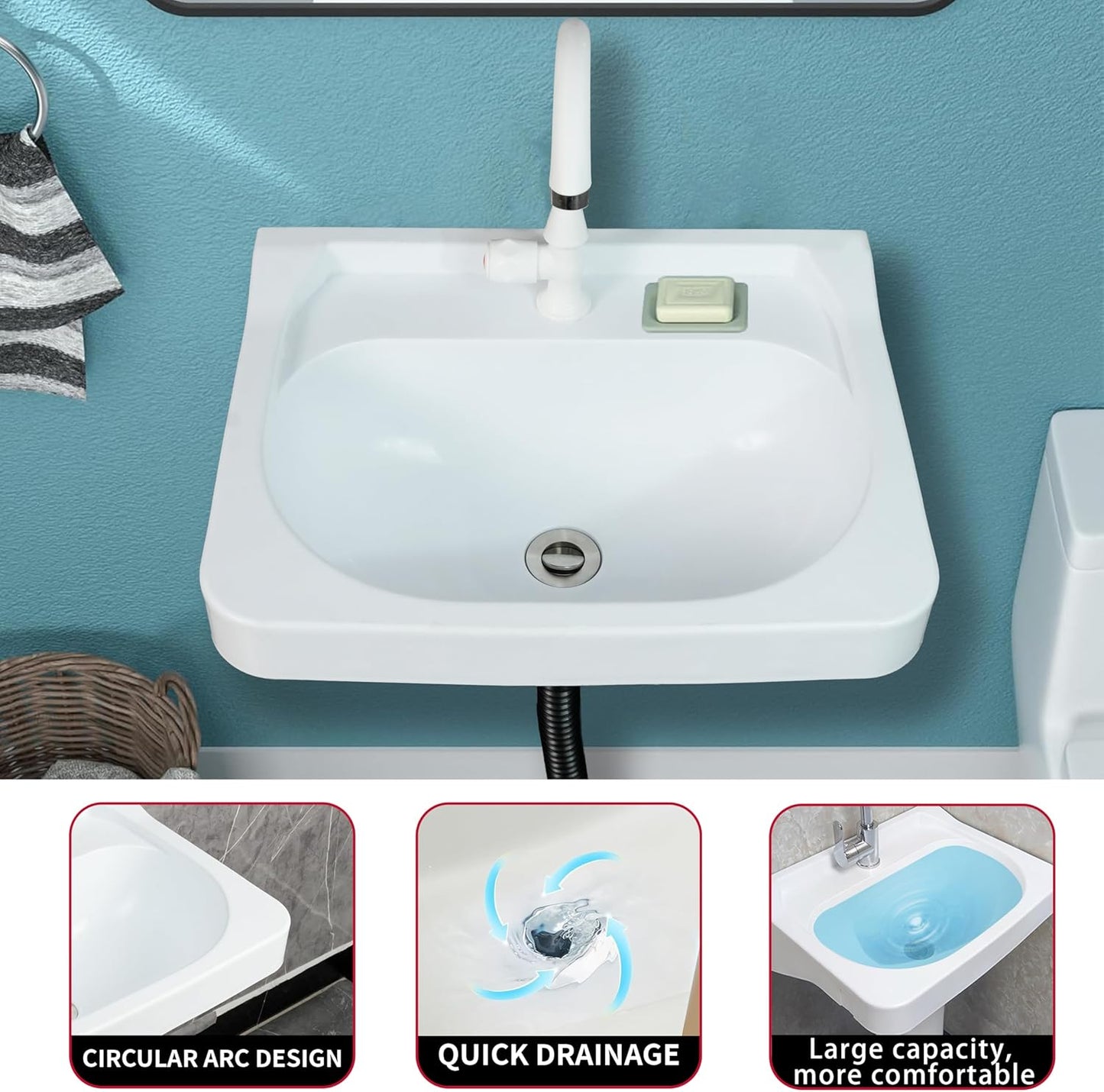 Wall Mount Bathroom Sink 19.7*15.3 No-Drill Installation Self-Adhesive Wash basin with Faucet Hole Bathroom Sinks Floating Vanity Sink for Lavatory Room Basin Plastic Rv Sink forGarage (19.7*15.3*7.1)