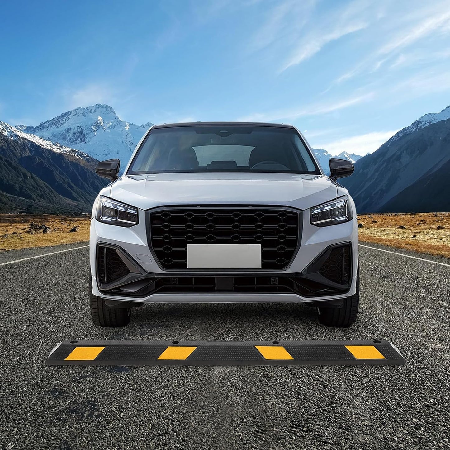 Parking Stoppers for Garage, 72 Inch Premium Parking Block Curb with Yellow Reflective Stripe, Heavy Duty Wheel Stopper for Cars, Vehicles, Trucks, Installation Kits Included, Pack of 2