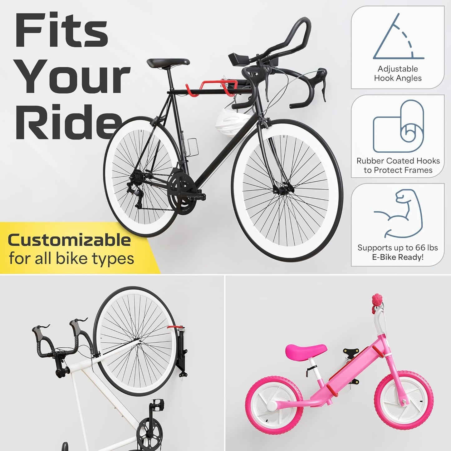 UrbanMount Wall Mount Bike Rack Garage - Mountain Bike Wall Mount Horizontal Vertical Design with 66lbs Cap, Screws, Installation Manual - Secure Road Cycling Holder Storage, Bicycle Hanger for Home