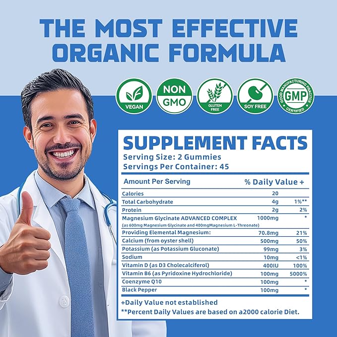 Magnesium Glycinate Gummies 1000mg with Magnesium L-Threonate,Chelated Magnesium Potassium Complex Supplement with VitD, B6, CoQ10, Calcium,Supports for Memory, Calm, Mood - 90 Gummies Blueberry