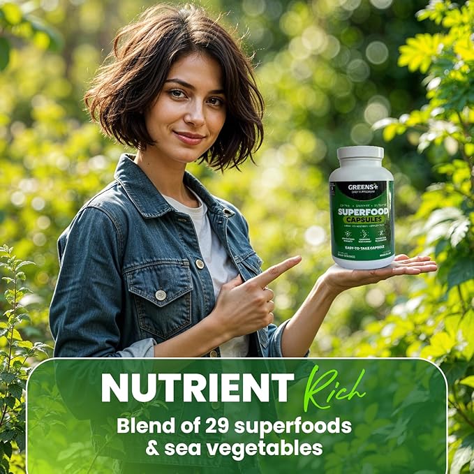 Greens+ Organic Superfood Capsules, Organic Spirulina and Chlorella, with Alfalfa & Wheat Grass, Vitamins & Minerals Supplements, Gluten-Free, Vegan, Non-GMO, 240 Count