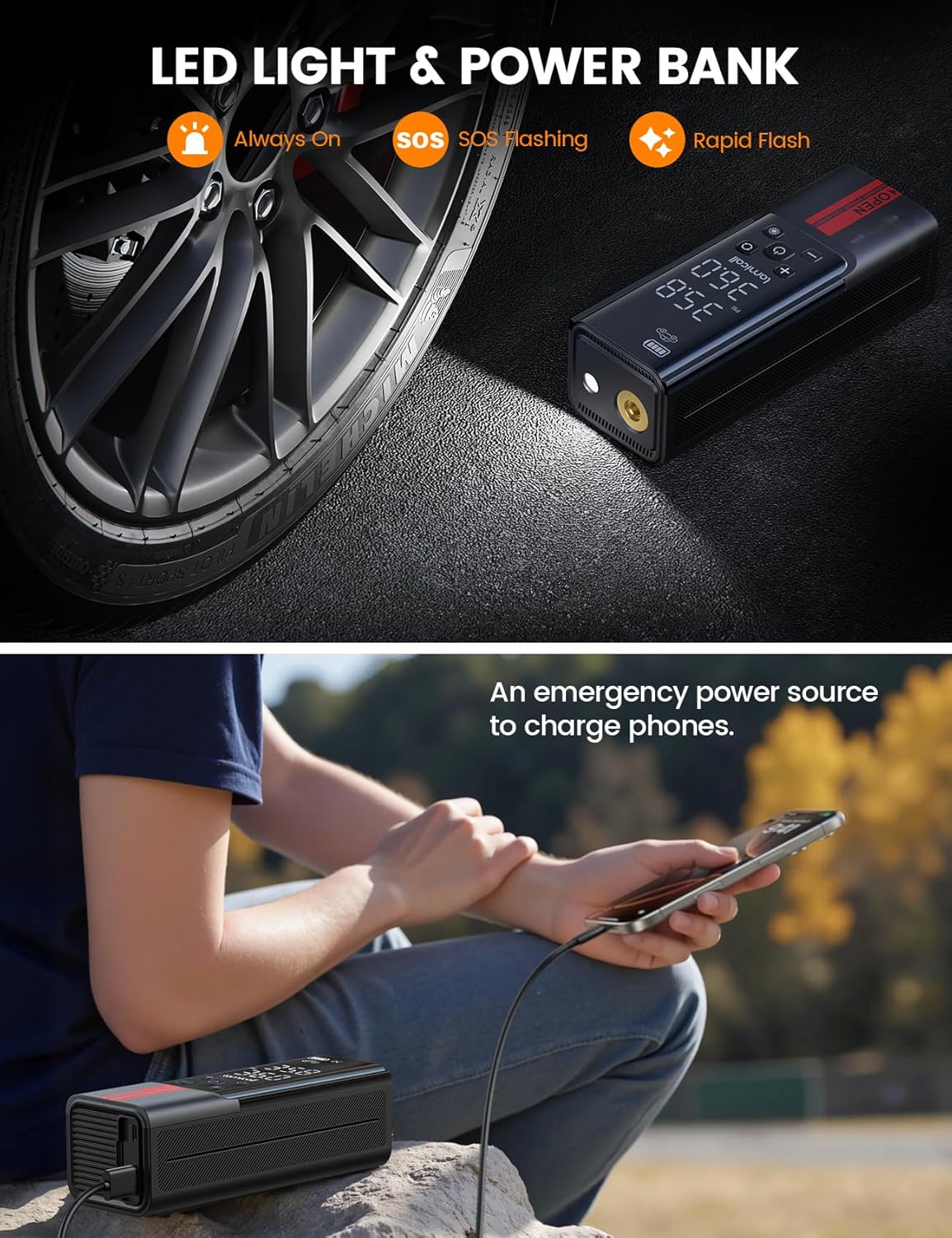 Lamicall Portable Car Tire Inflator - Air Compressor [150 PSI] [4X Faster] Cordless Car Air Pump with Rechargeable Battery, Digital Display Pressure Gauge, LED Light, for Cars, Motorcycles, Bike, Ball