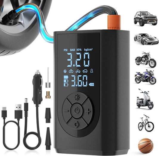 Tire Inflator Portable Air Compressor, 150 PSI Air Pump for Car Tires with Digital Pressure Gauge, LED Light and Auto Shut-Off Function, Portable Air Inflator for Car/Motorcycle/Bike/Balls and More