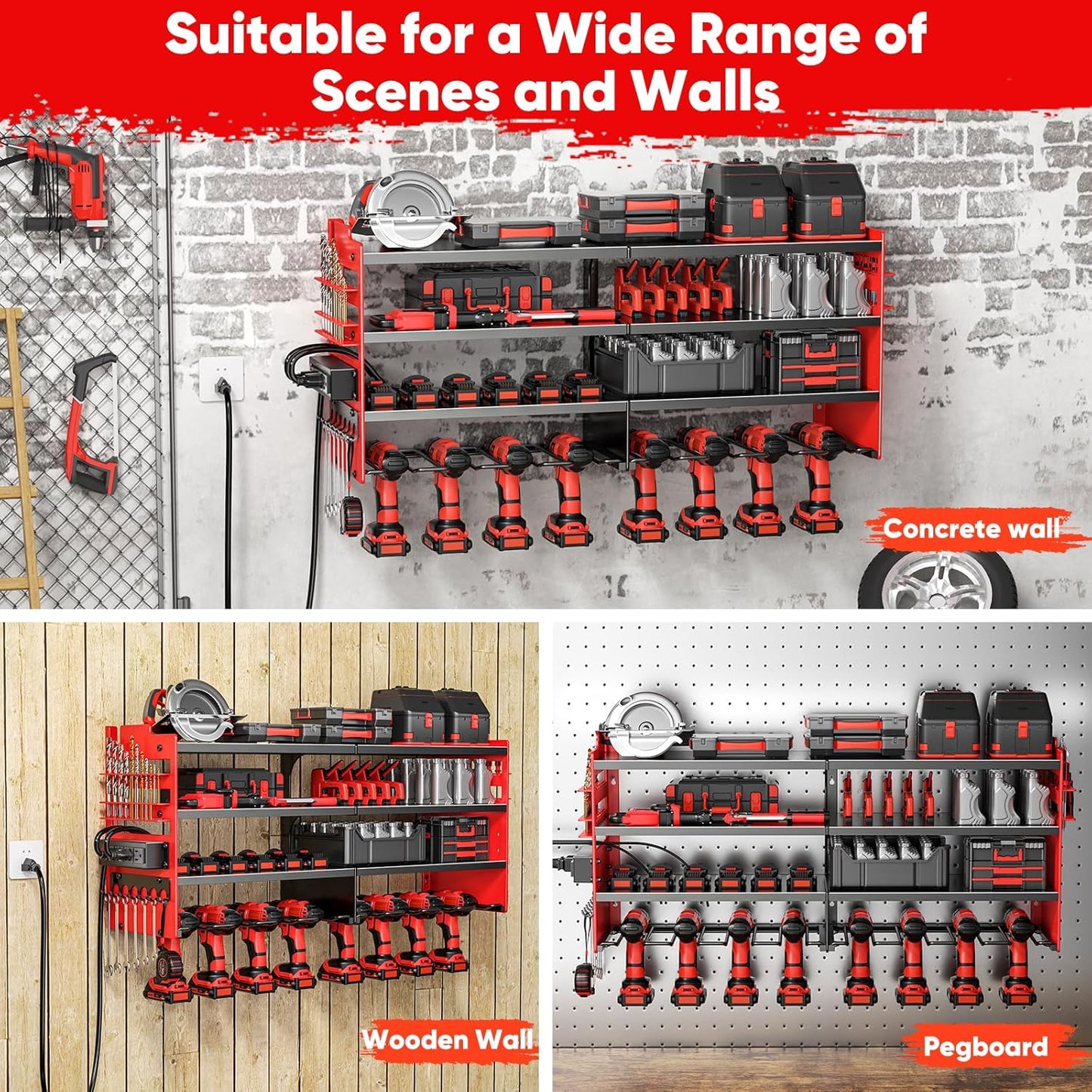 Large Power Tool Organizer Wall Mount with Charging Station,4 Layer Heavy Duty Metal Tool Storage Shelf Loads 600lbs,Battery Utility Rack With 4 Outlet Power Strip with 8 Cordless Drill Holder