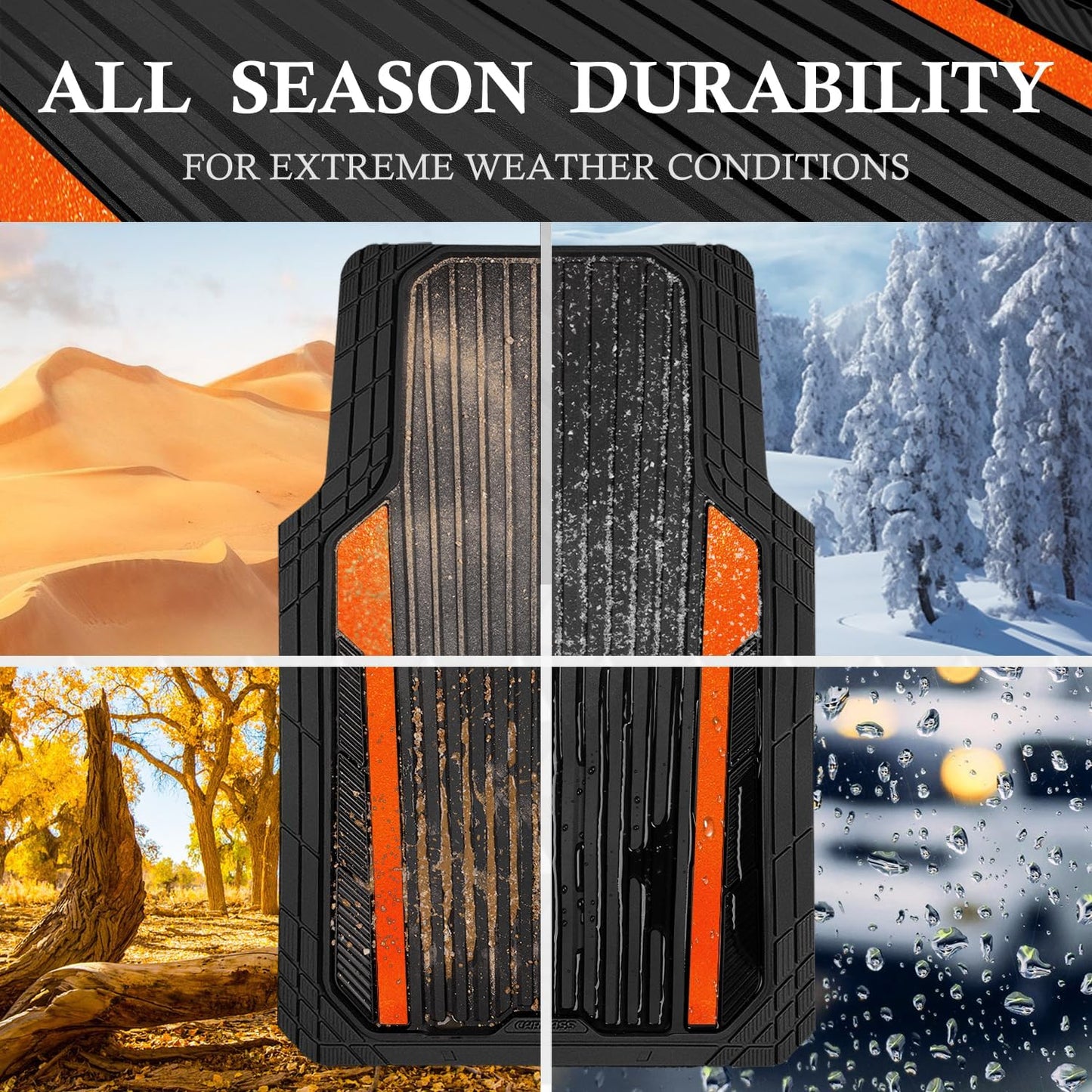 CAR PASS Heavy Duty Rubber Car Mats Metallic, Aluminum Film All Weather Floor Mats Waterproof Universal Trim to Fit SUVs Sedans Vans 4 Piece Anodized Deep Dish Two-Tone Sporty Black Orange Chrome